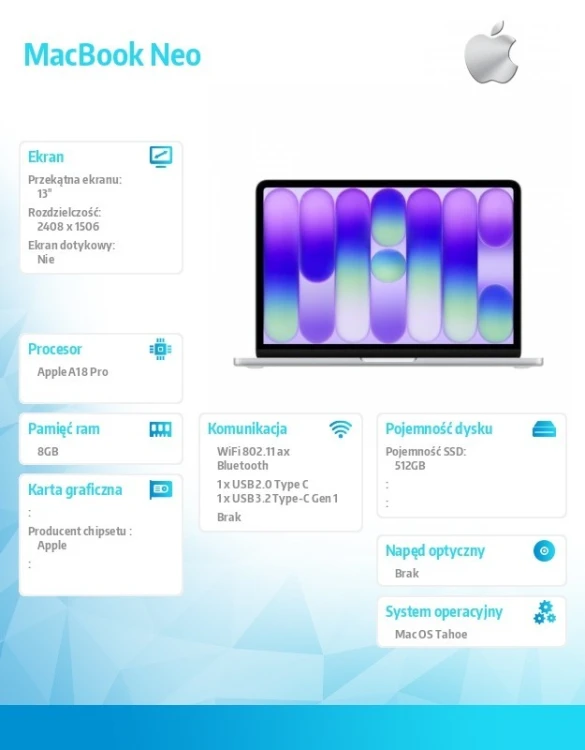 Apple MacBook Neo 13 cali: A18 Pro 6/5, 8GB, 512GB SSD, bez zasilacza, Touch ID - Srebrny