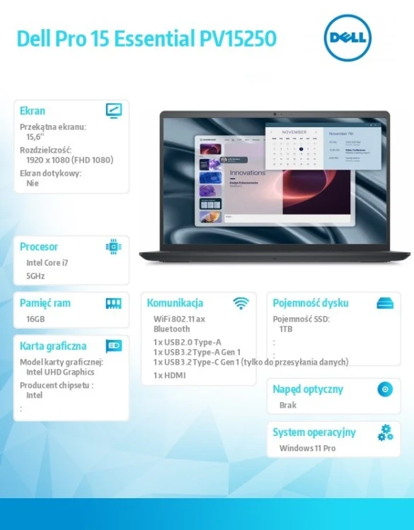 Dell Laptop Dell Pro 15 Essential PV15250|i7-1355U|16GB|1TB SSD|Intel UHD|None|W11 Pro|WLAN + BT|15.6 FHD|Backlit Kb|4 Cell|65W/3YPS