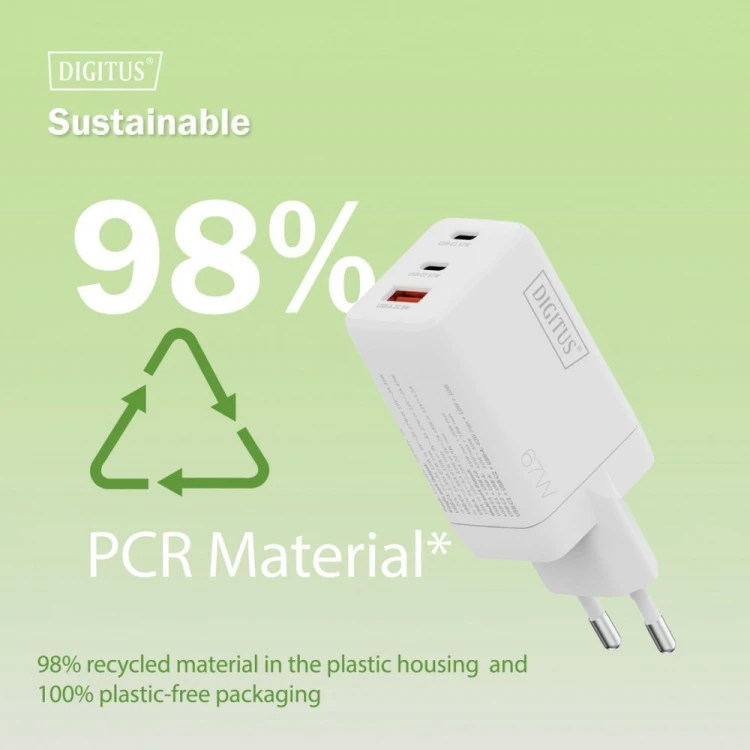 Digitus Ładowarka sieciowa GaN II 67W | 2x USB-C, 1x USB-A | PD 3.0, QC 3.0 | Biała