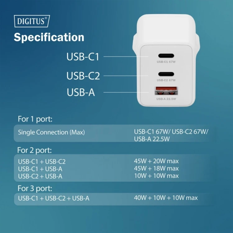 Digitus Ładowarka sieciowa GaN II 67W | 2x USB-C, 1x USB-A | PD 3.0, QC 3.0 | Biała