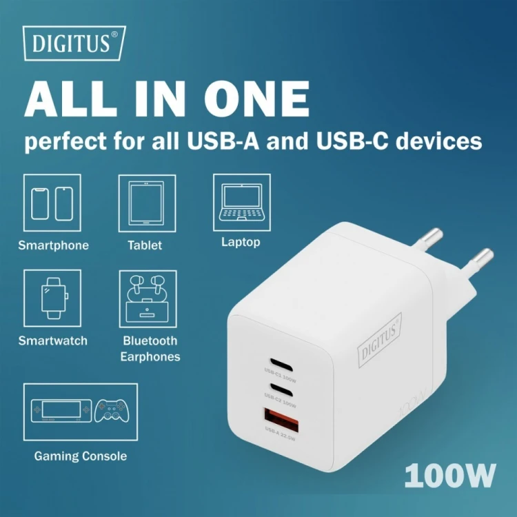 Digitus Ładowarka sieciowa GaN II 100W | 2x USB-C, 1x USB-A | PD 3.0, QC 3.0 | Biała