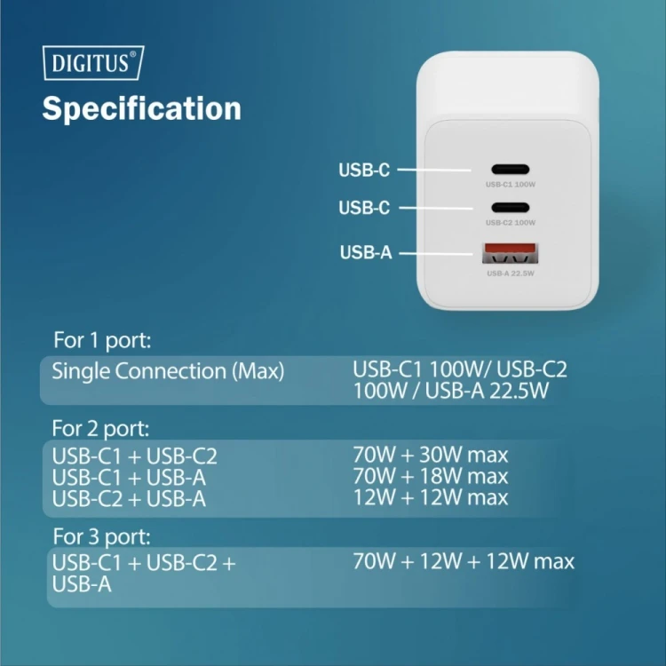 Digitus Ładowarka sieciowa GaN II 100W | 2x USB-C, 1x USB-A | PD 3.0, QC 3.0 | Biała