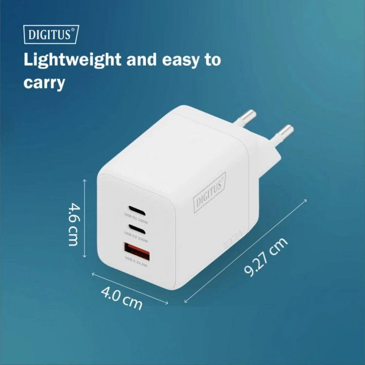 Digitus Ładowarka sieciowa GaN II 100W | 2x USB-C, 1x USB-A | PD 3.0, QC 3.0 | Biała