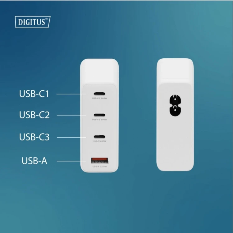 Digitus Ładowarka sieciowa GaN II 140W | 3x USB-C, 1x USB-A | PD 3.0, QC 3.0 | Biała
