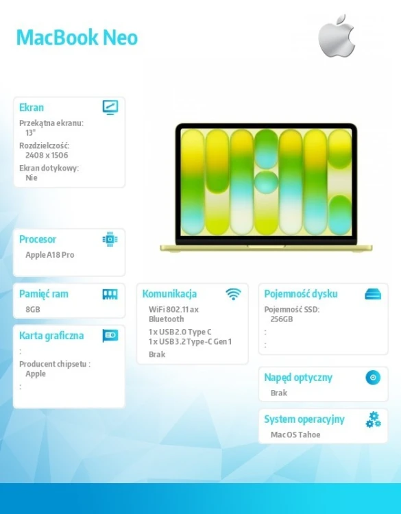 Apple MacBook Neo 13 cali: A18 Pro 6/5, 8GB, 256GB SSD, bez zasilacza - Cytrusowożółty