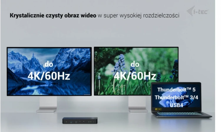 i-tec Stacja dokująca Thunderbolt 4 Intelligent Dual Display Power Delivery 90W 2x DP Video TB AUDIO LAN  USB-A 10Gbps USB-C 10 Gbps Kensington lock