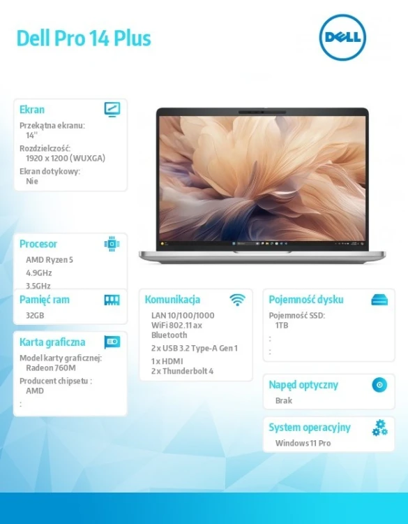 Dell Laptop Dell Pro 14 Plus PB14255 W11P Ryzen 5 PRO 230/32GB/1TB/FPr&SmtCd,RJ-45/FHD IRCam&Mic/WLANonly+BT/14.0 FHD+ 400nit/760M/BcklKb/3C/3YPS