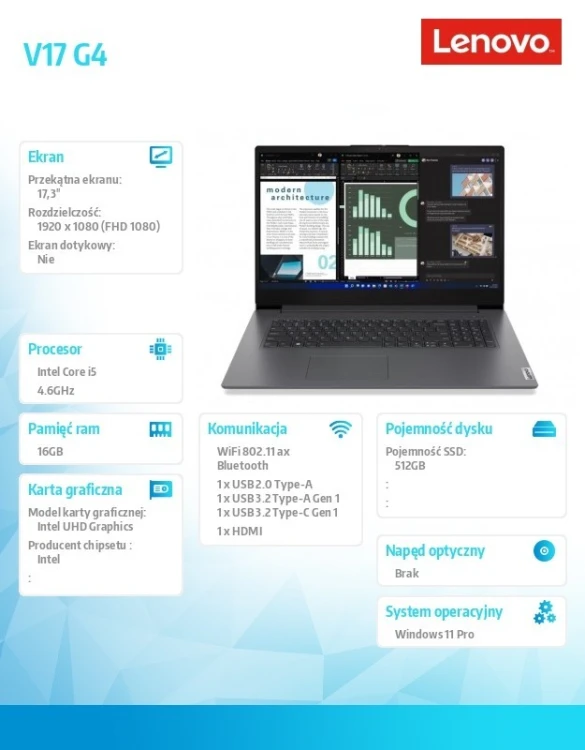 Lenovo Laptop V17 G4 83A2003WPB W11Pro i5-13420H/8GB+8GB/512GB/INT/17.3 FHD/iron Grey/3YRS OS