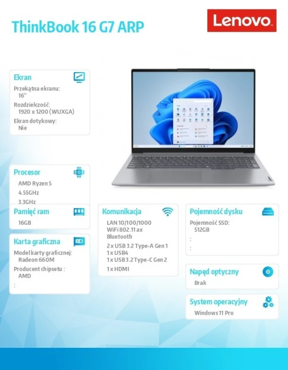 Lenovo Laptop ThinkBook 16 G7 21MW00F0PB W11Pro 5 7535HS/16GB/512GB/INT/16.0 WUXGA/Arctic grey/3YR OS + 1YR CI + CO2 Offset
