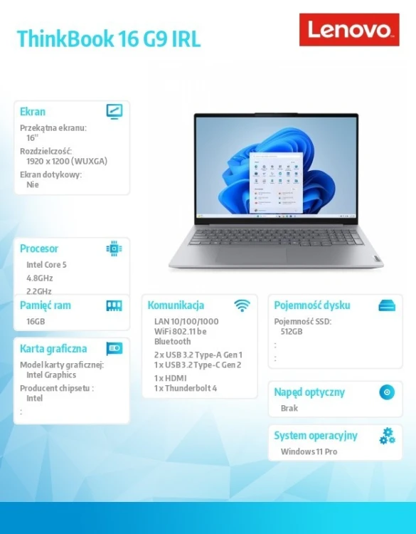 Lenovo Notebook ThinkBook 16 G9 21US00FNPB W11Pro Core 5 210H/16GB/512GB/INT/16.0 WUXGA/Arctic Grey/3YR OS + 1YR CI + CO2 Offset