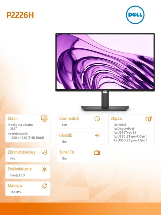 Dell Monitor P2226H 21.5 cala IPS FHD (1920x1080)/16:9/HDMI/DP/4xUSB/USB-C/3Y