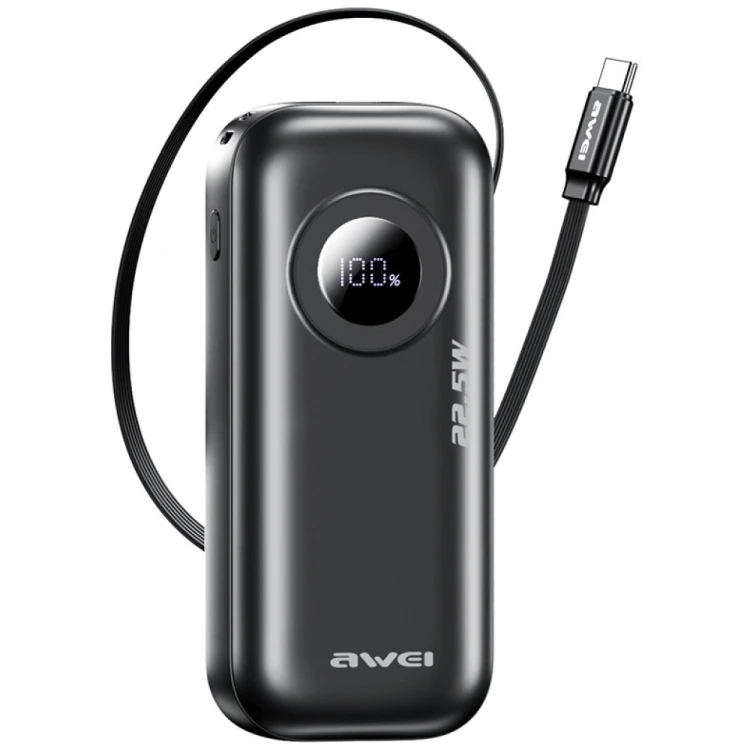 AWEI Powerbank PA-9 22,5W 10000mAh z kablem USB-C wbudowanym czarny