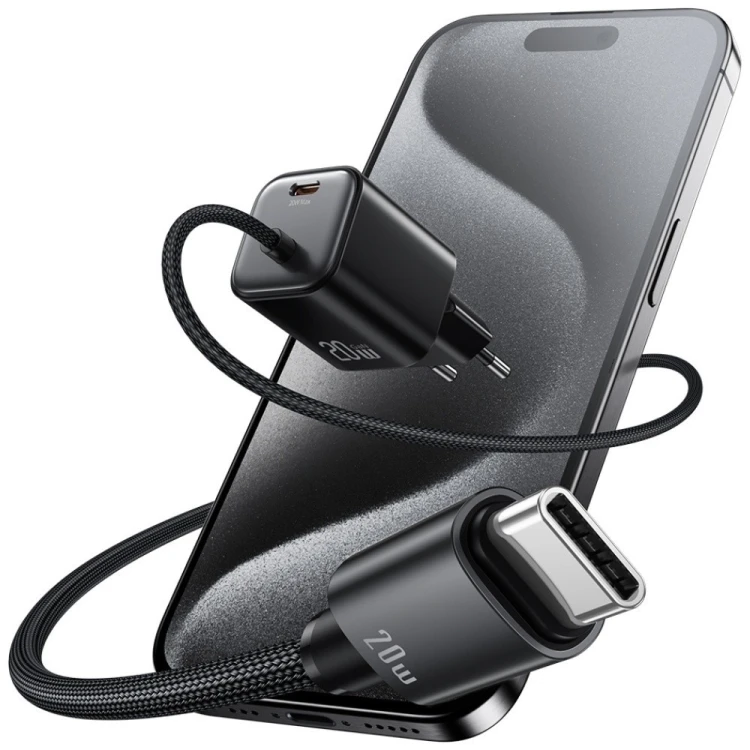 USAMS Ładowarka sieciowa JC Series CC261 20W GaN Fast Charger wbudowanykabel USB-C czarna