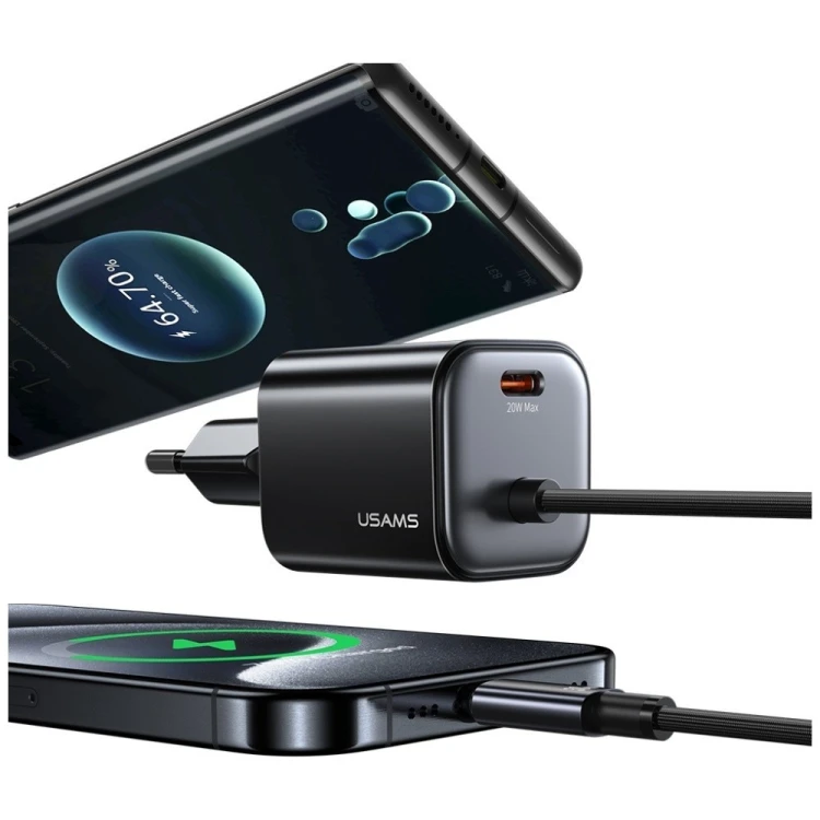 USAMS Ładowarka sieciowa JC Series CC261 20W GaN Fast Charger wbudowanykabel USB-C czarna