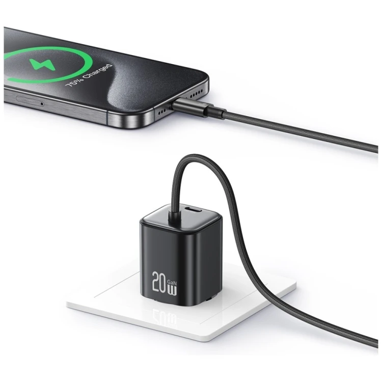 USAMS Ładowarka sieciowa JC Series CC261 20W GaN Fast Charger wbudowanykabel USB-C czarna
