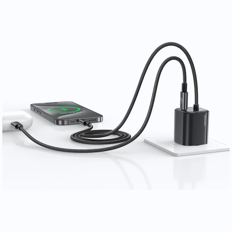 USAMS Ładowarka sieciowa JC Series CC261 20W GaN Fast Charger wbudowanykabel USB-C czarna