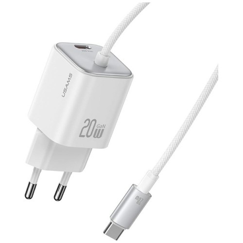 USAMS Ładowarka sieciowa JC Series CC261 20W GaN Fast Charger wbudowanykabel USB-C biały
