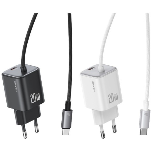 USAMS Ładowarka sieciowa JC Series CC261 20W GaN Fast Charger wbudowanykabel USB-C biały