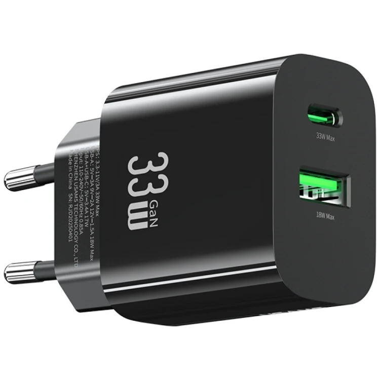 USAMS Ładowarka sieciowa T65 33W Fast Charging 1xUSB-C 1xUSB-A czarna