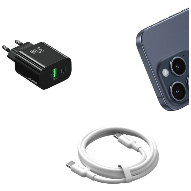 USAMS Ładowarka sieciowa T65 33W Fast Charging 1xUSB-C 1xUSB-A czarna