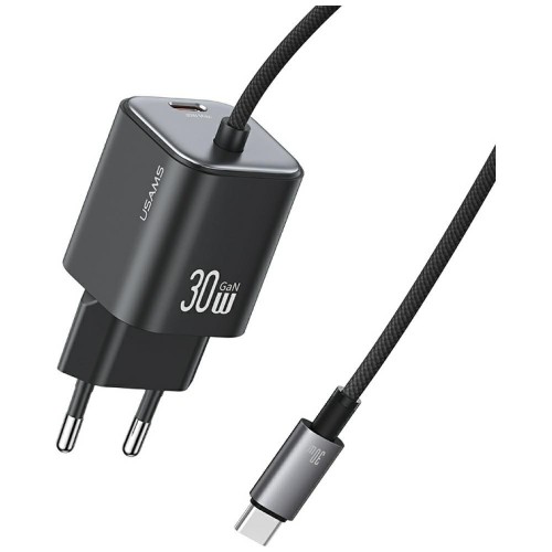 USAMS Ładowarka sieciowa JC Series CC264 30W GaN Fast Charger wbudowanykabel USB-C czarna