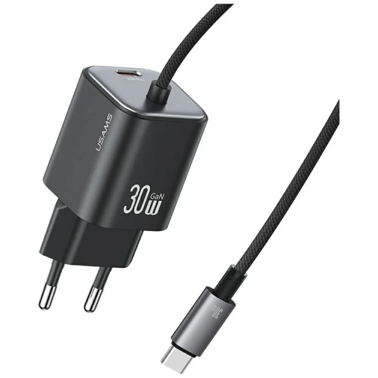 USAMS Ładowarka sieciowa JC Series CC264 30W GaN Fast Charger wbudowanykabel USB-C czarna
