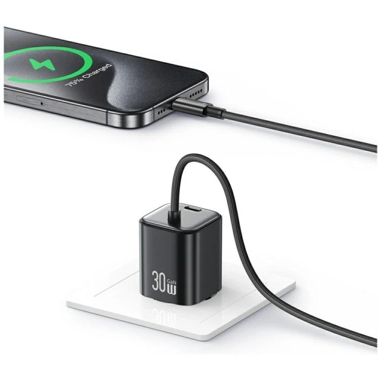 USAMS Ładowarka sieciowa JC Series CC264 30W GaN Fast Charge wbudowany kabel USB-C biała