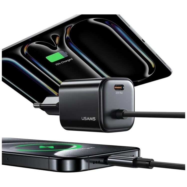 USAMS Ładowarka sieciowa JC Series CC264 30W GaN Fast Charge wbudowany kabel USB-C biała