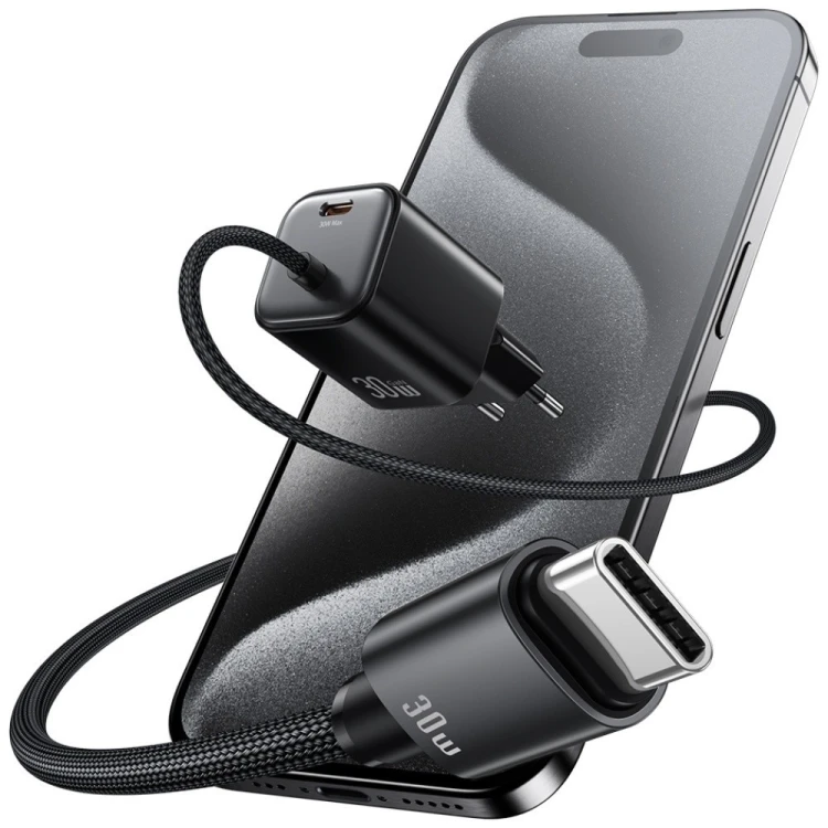 USAMS Ładowarka sieciowa JC Series CC264 30W GaN Fast Charge wbudowany kabel USB-C biała