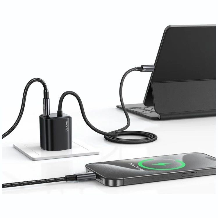 USAMS Ładowarka sieciowa JC Series CC264 30W GaN Fast Charge wbudowany kabel USB-C biała
