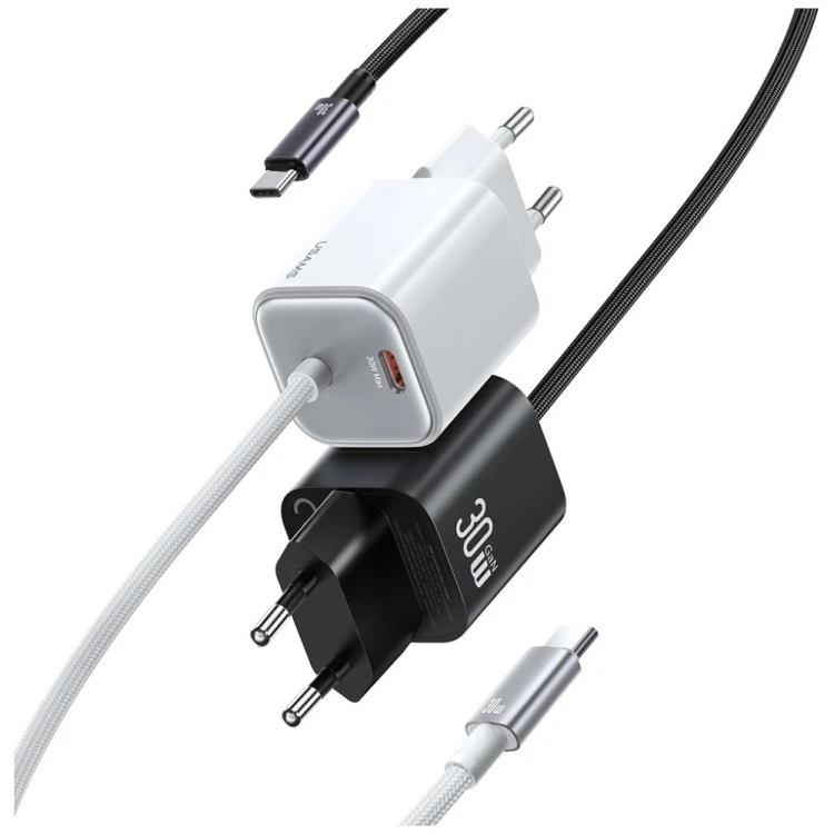 USAMS Ładowarka sieciowa JC Series CC264 30W GaN Fast Charge wbudowany kabel USB-C biała