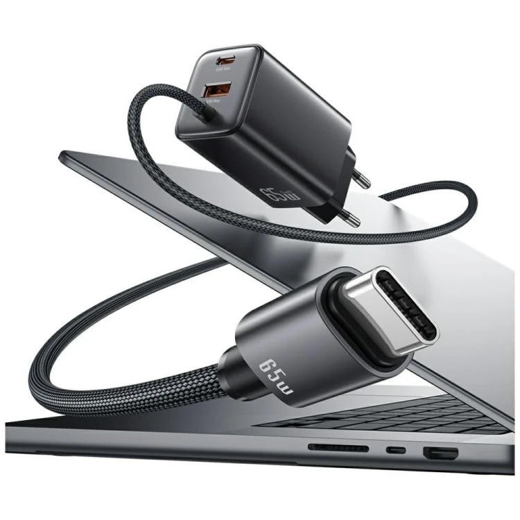 USAMS Ładowarka sieciowa JC Series CC266 65W GaN Fast Charger wbudowanykabel USB-C czarny