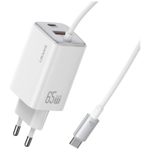 USAMS Ładowarka sieciowa JC Series CC266 65W GaN Fast Charger wbudowanykabel USB-C biała