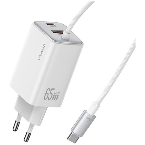 USAMS Ładowarka sieciowa JC Series CC266 65W GaN Fast Charger wbudowanykabel USB-C biała