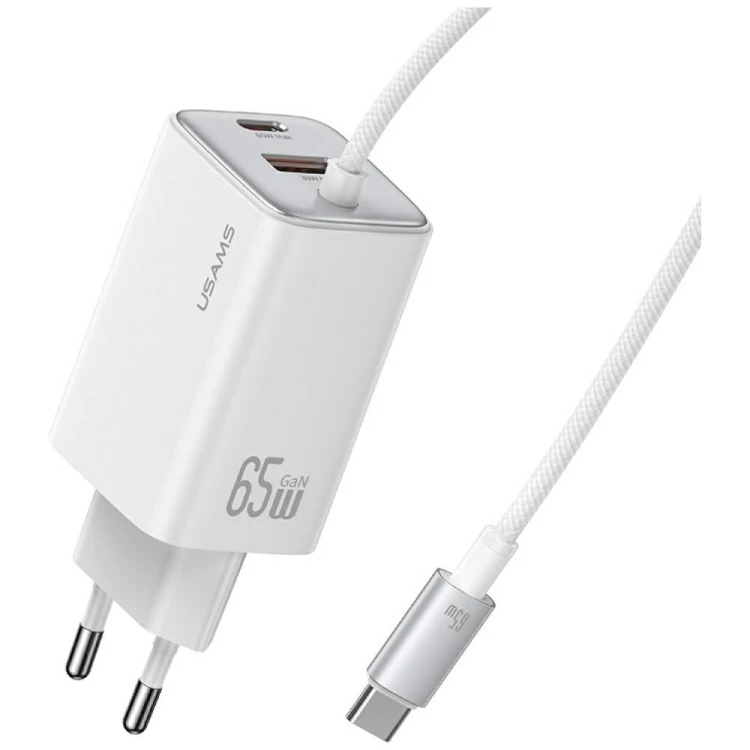 USAMS Ładowarka sieciowa JC Series CC266 65W GaN Fast Charger wbudowanykabel USB-C biała