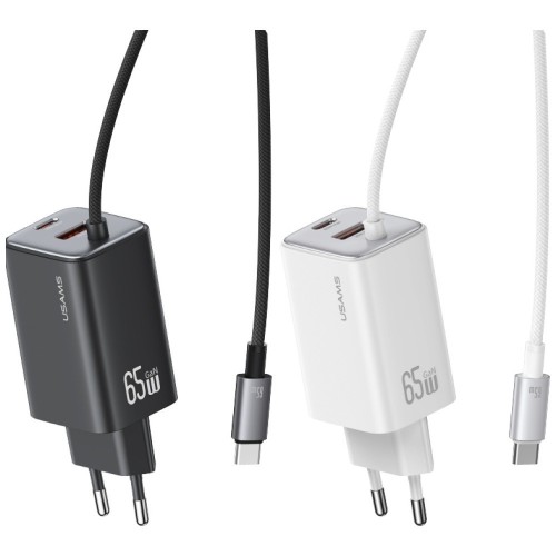 USAMS Ładowarka sieciowa JC Series CC266 65W GaN Fast Charger wbudowanykabel USB-C biała