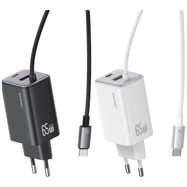 USAMS Ładowarka sieciowa JC Series CC266 65W GaN Fast Charger wbudowanykabel USB-C biała