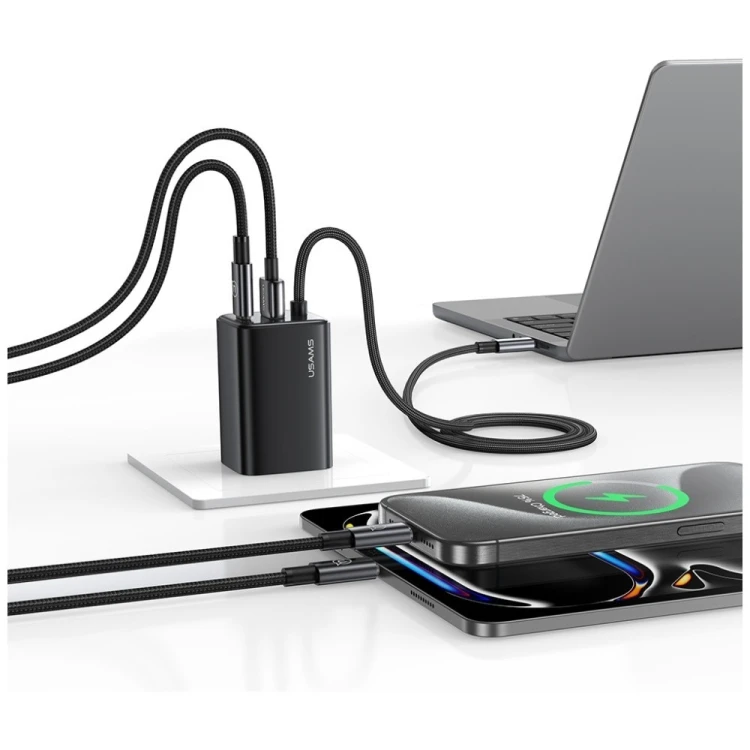 USAMS Ładowarka sieciowa JC Series CC266 65W GaN Fast Charger wbudowanykabel USB-C biała