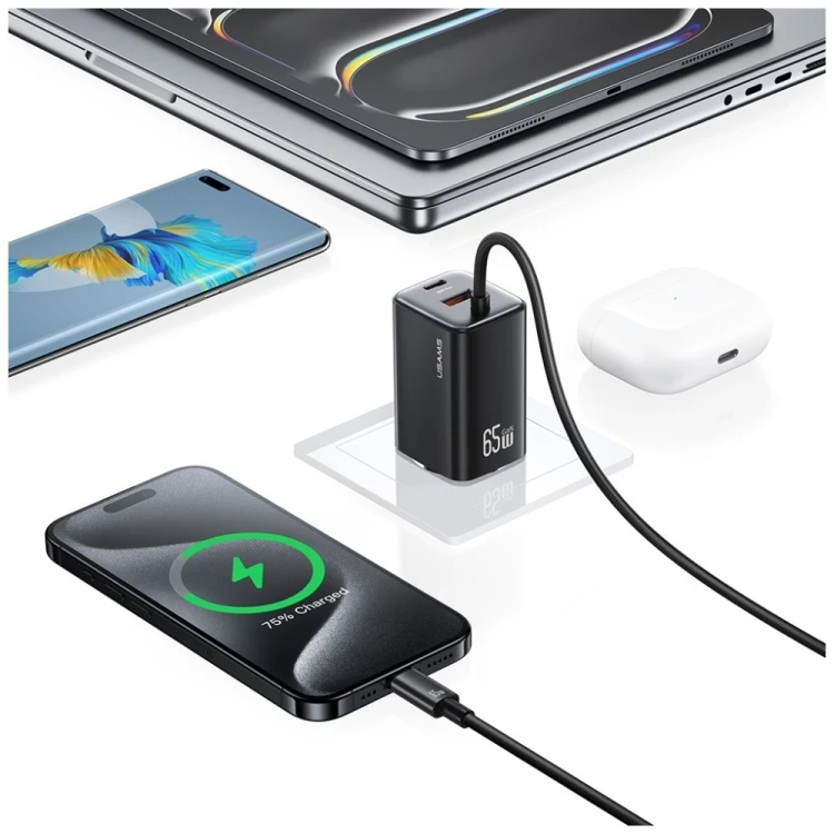 USAMS Ładowarka sieciowa JC Series CC266 65W GaN Fast Charger wbudowanykabel USB-C biała