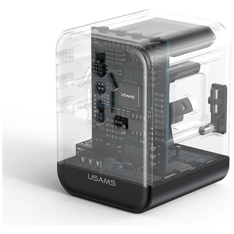 USAMS Ładowarka travel adapter 17W CC308 USB-C + USB-A 4w1 US/AU/EU/UK czarna