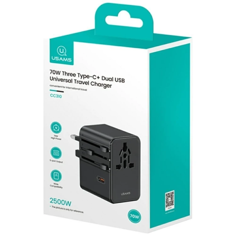 USAMS Ładowarka Travel Adapter 70W US/AU/EU/UK 3xUSB-C 4w1 czarny