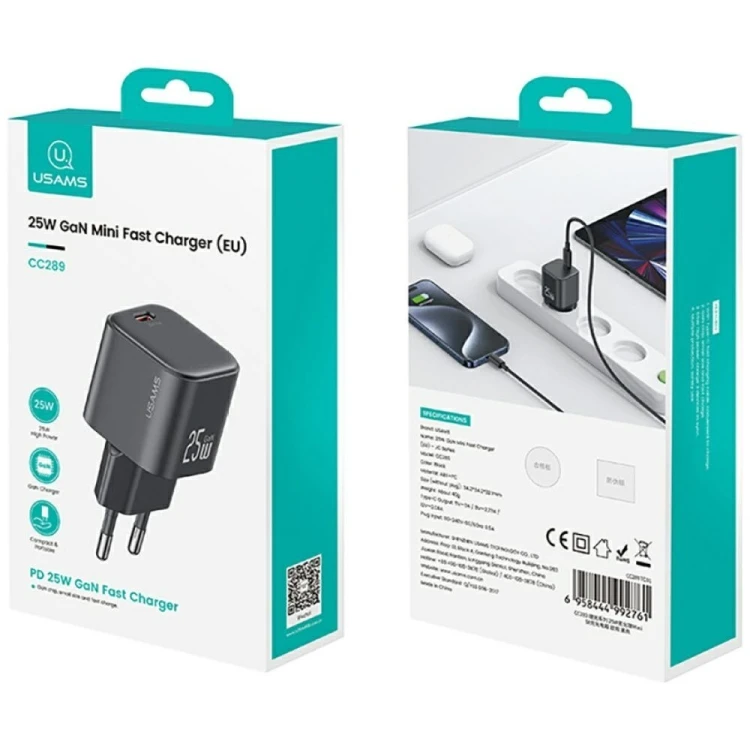 USAMS Ładowarka sieciowa JC Series CC289 25W GaN Fast Charger USB-C    czarna