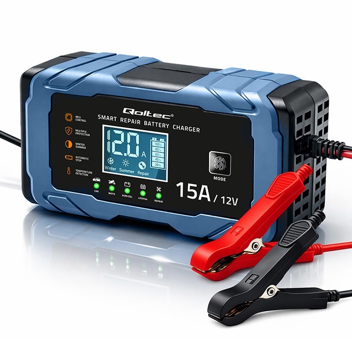 Qoltec Ładowarka 12V 15A | Prostownik z funkcją naprawy | AGM GEL       LiFePO4 | 9-stopniowe ładowanie