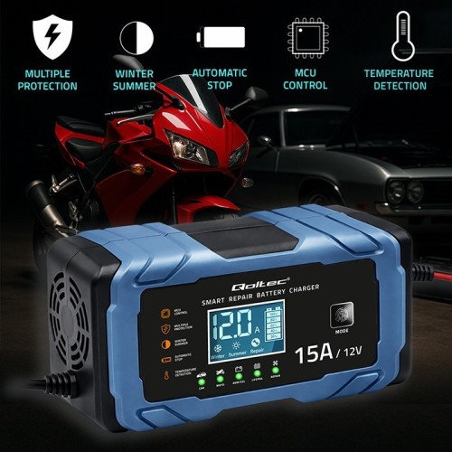 Qoltec Ładowarka 12V 15A | Prostownik z funkcją naprawy | AGM GEL       LiFePO4 | 9-stopniowe ładowanie