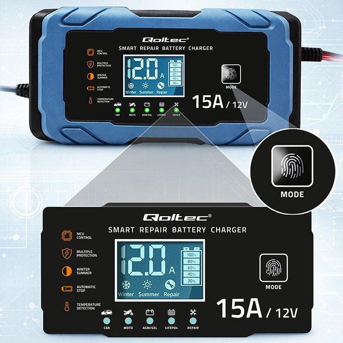 Qoltec Ładowarka 12V 15A | Prostownik z funkcją naprawy | AGM GEL       LiFePO4 | 9-stopniowe ładowanie
