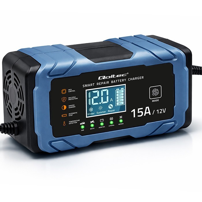 Qoltec Ładowarka 12V 15A | Prostownik z funkcją naprawy | AGM GEL       LiFePO4 | 9-stopniowe ładowanie