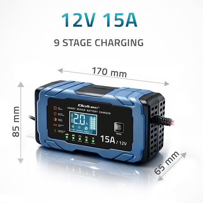 Qoltec Ładowarka 12V 15A | Prostownik z funkcją naprawy | AGM GEL       LiFePO4 | 9-stopniowe ładowanie