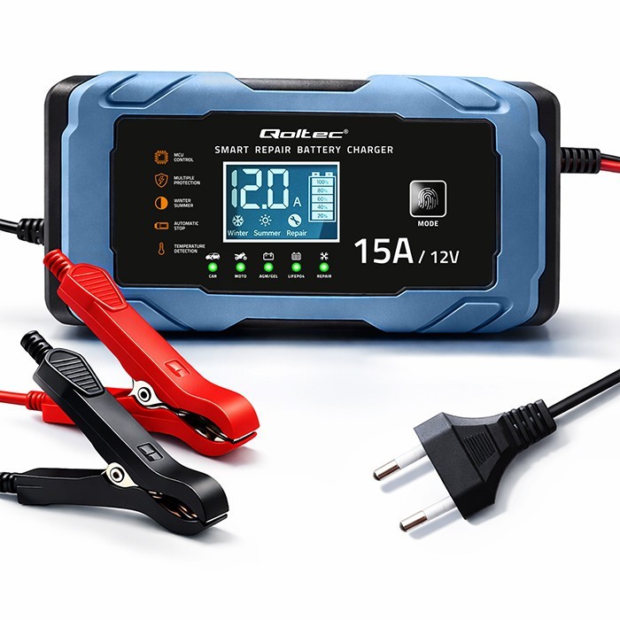 Qoltec Ładowarka 12V 15A | Prostownik z funkcją naprawy | AGM GEL       LiFePO4 | 9-stopniowe ładowanie
