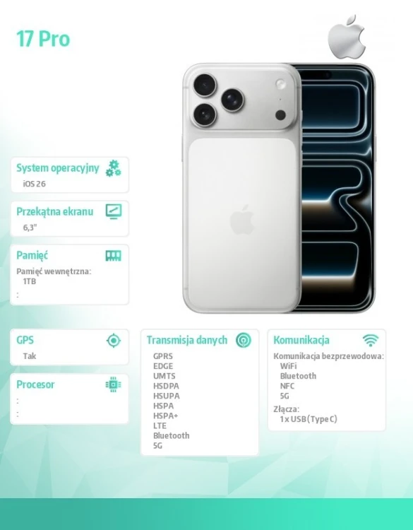Apple iPhone 17 PRO Srebrny 1TB