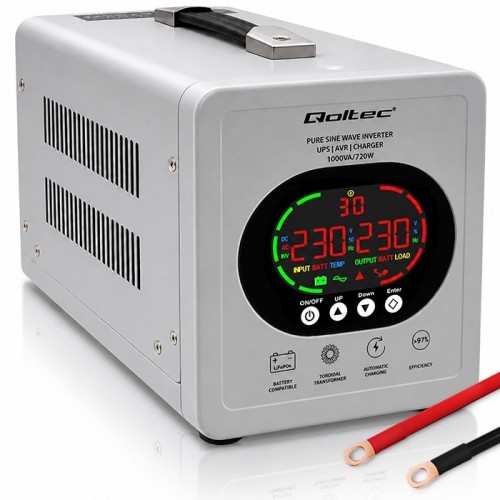Qoltec Zasilacz awaryjny UPS Pure Sine Wave | 1000VA/720W | Przetwornica12/230V z AVR | LCD | LiFePO4 AGM GEL